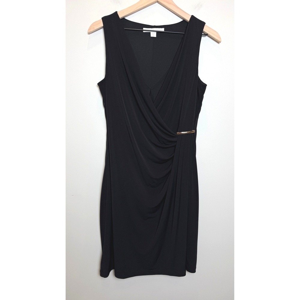 Boston Proper Faux Wrap Sleeveless Midi Dress Gold Accent LBD Black S Minimal